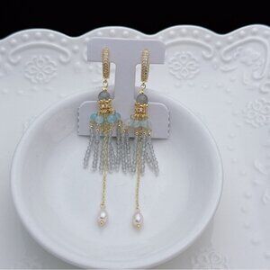 E100 Handmade Freshwater Pearl Aqua Marine  Labradorite Earrings
